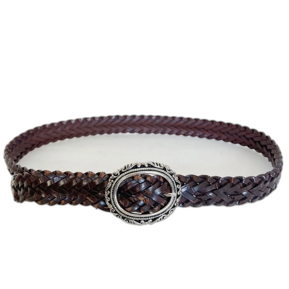 Vintage Brown Leather Braided Belt Silver Statement Buckle Size M